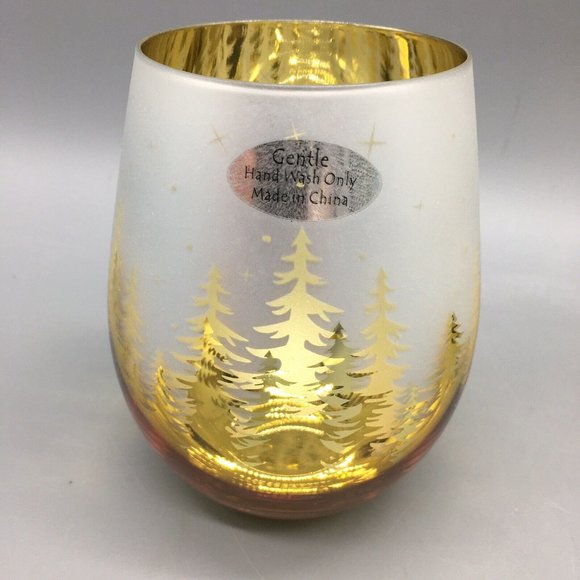 x4 Christmas Gold Pine Trees Stemless Wine Glass Set Frosted Winter Forest Stars - Picture 6 of 9